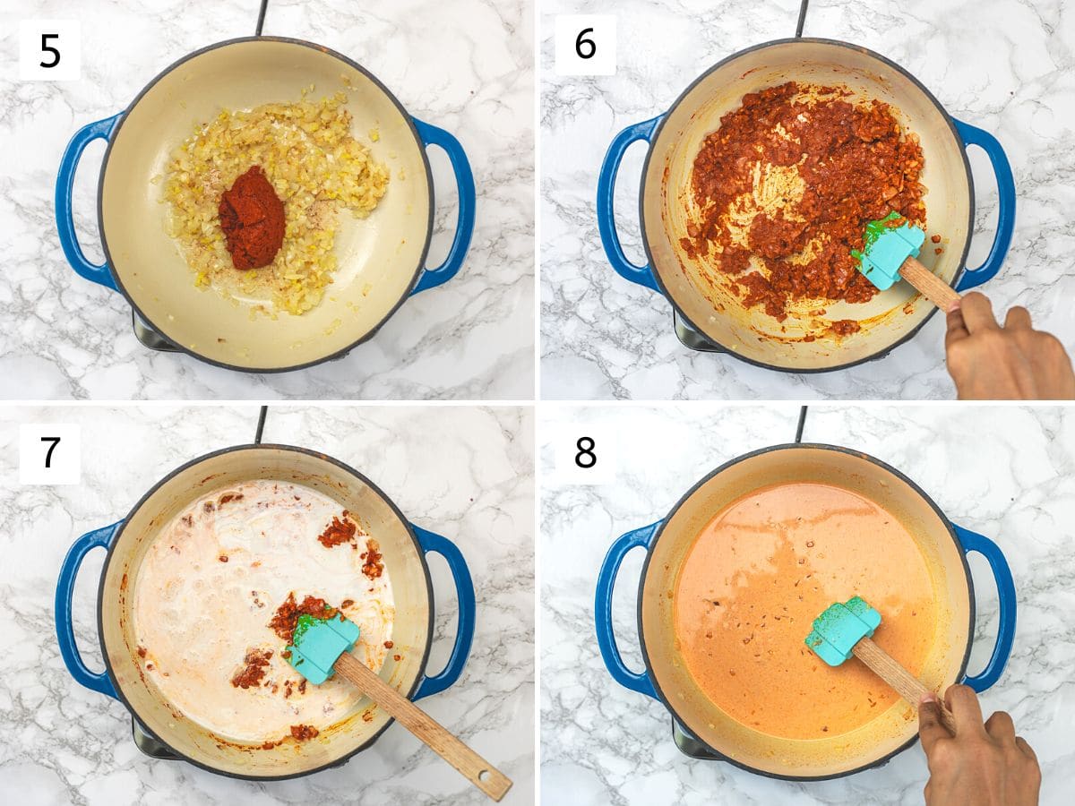 Collage of 4 images showing adding red curry paste and coconut milk.