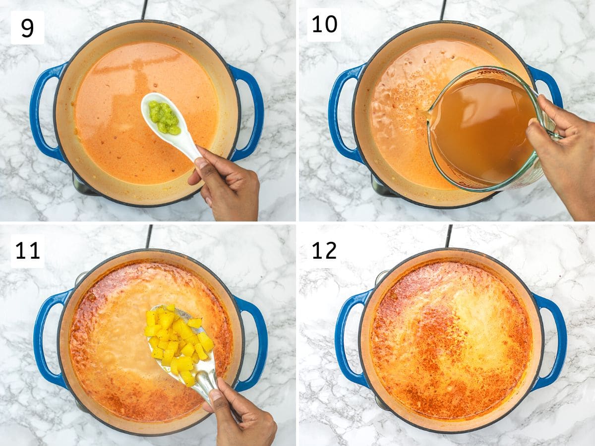 Collage of 4 images showing adding lemongrass paste, vegetable stock, roasted pumpkin and simmering soup.