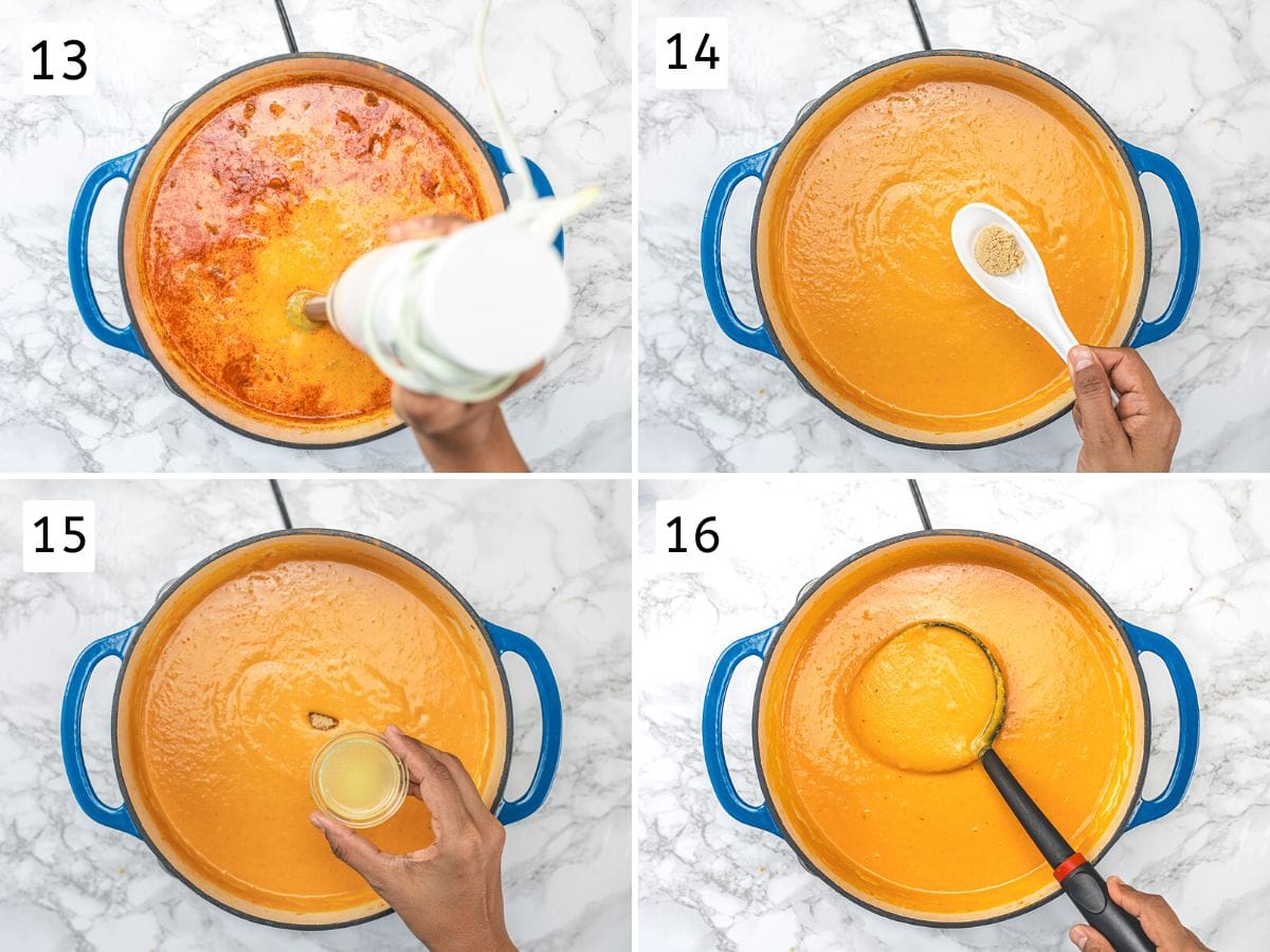 Collage of 4 images showing blending soup, adding and mixing brown sugar and lime juice.