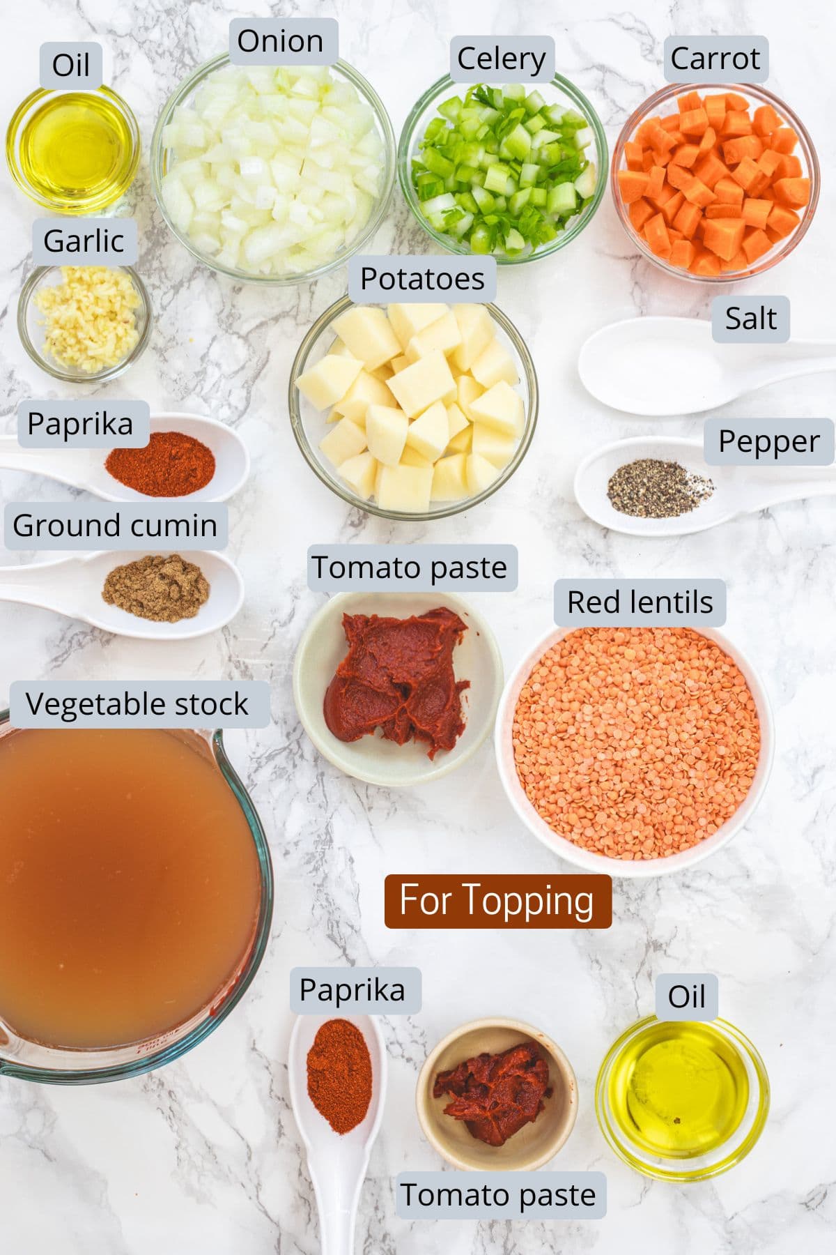 Red lentil soup ingredients in bowls and spoons with labels.