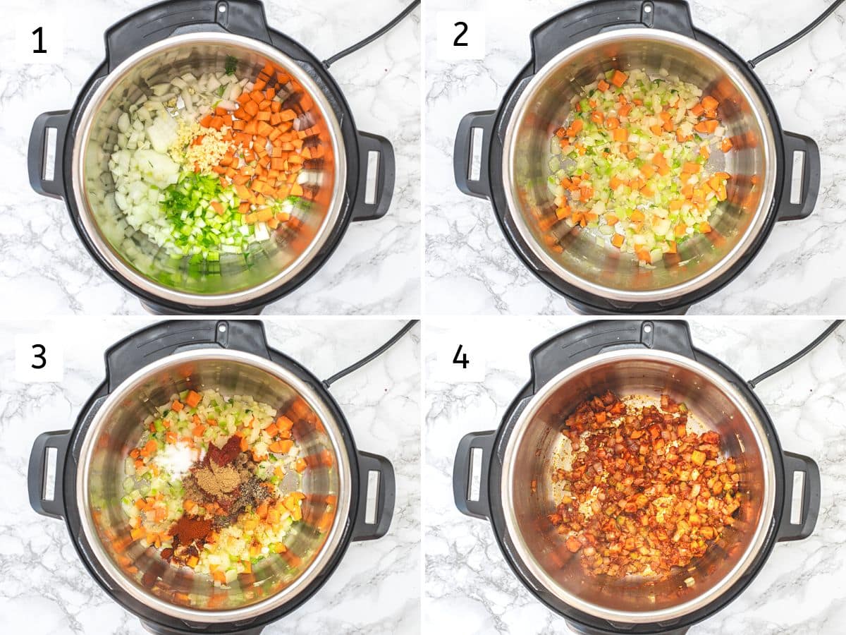 Collage of 4 images showing sauteing onion, carrot, celery and mixing spices and tomato paste.