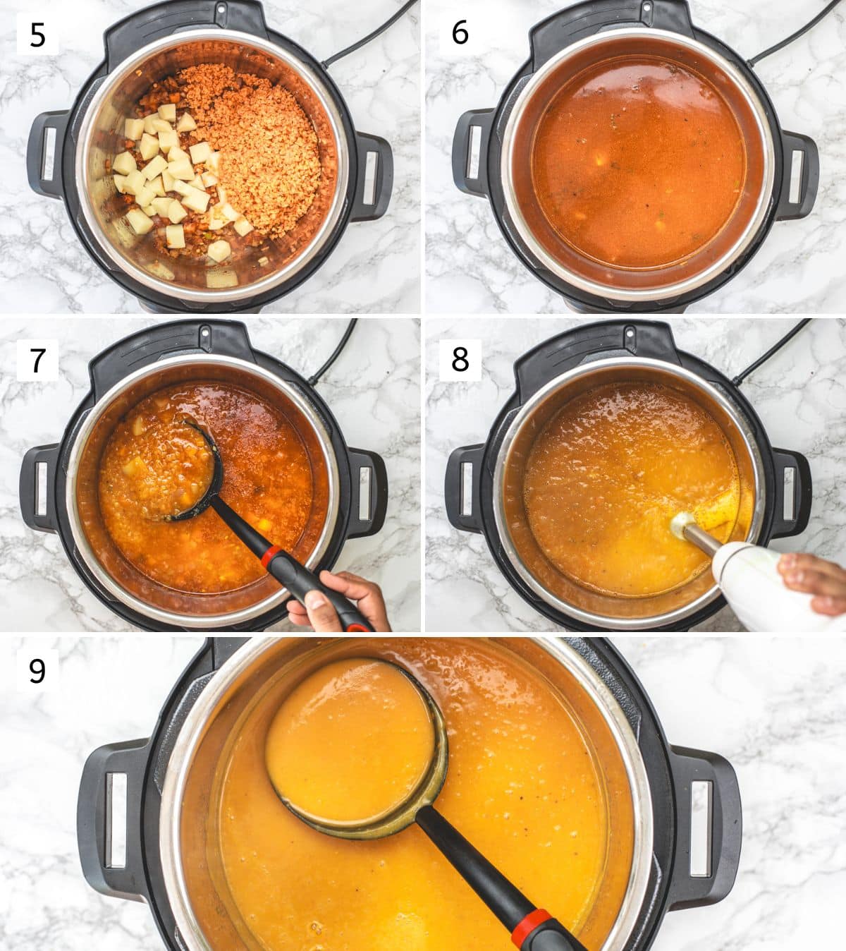 Collage of 5 images showing adding lentils, potato and vegetable stock, pressure cooked and pureed.