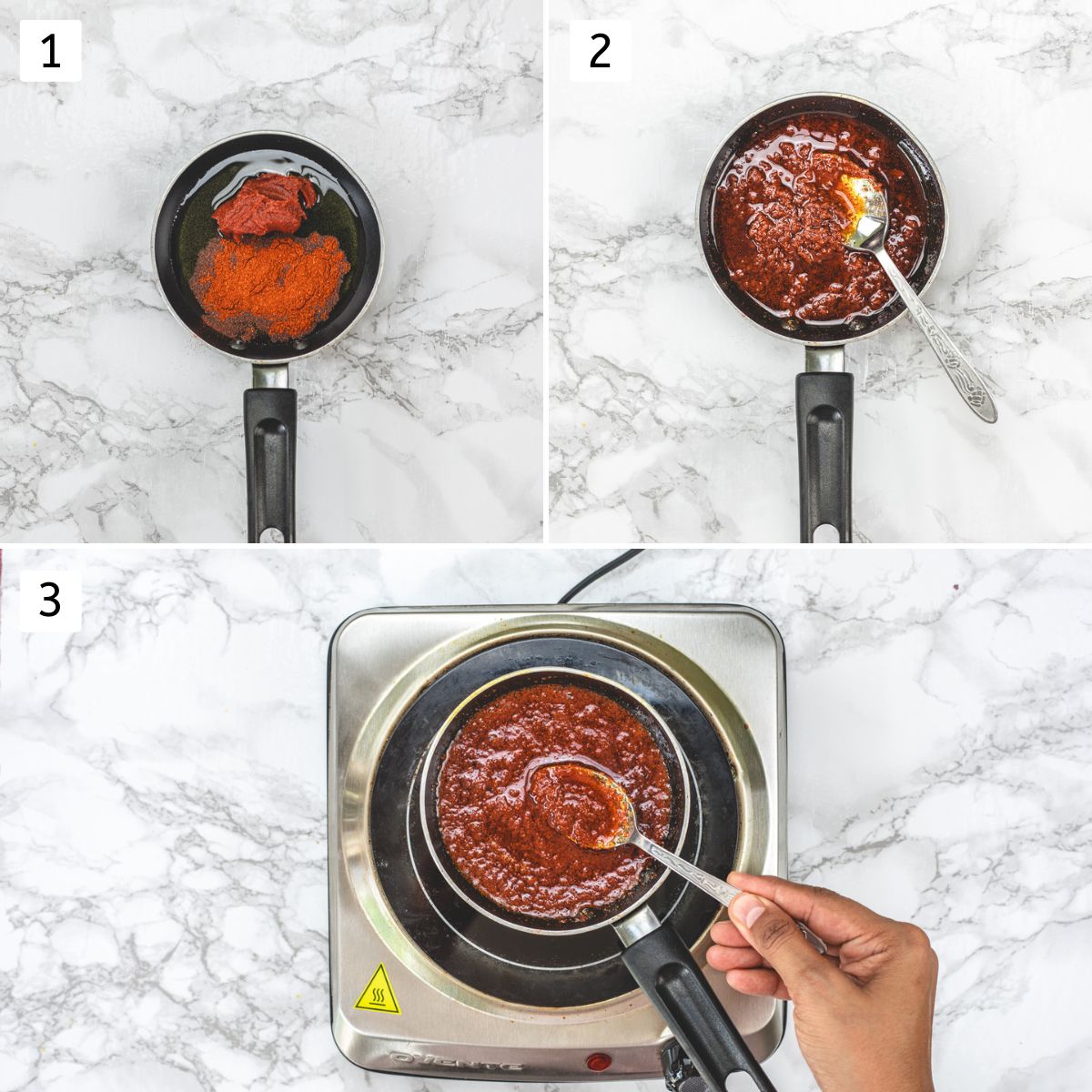 Collage of 3 images showing mixing topping ingredients and heating on the stove.