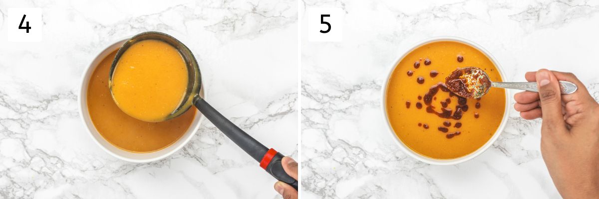 Collage of 2 images showing serving red lentil soup in a bowl and drizzling oil topping.