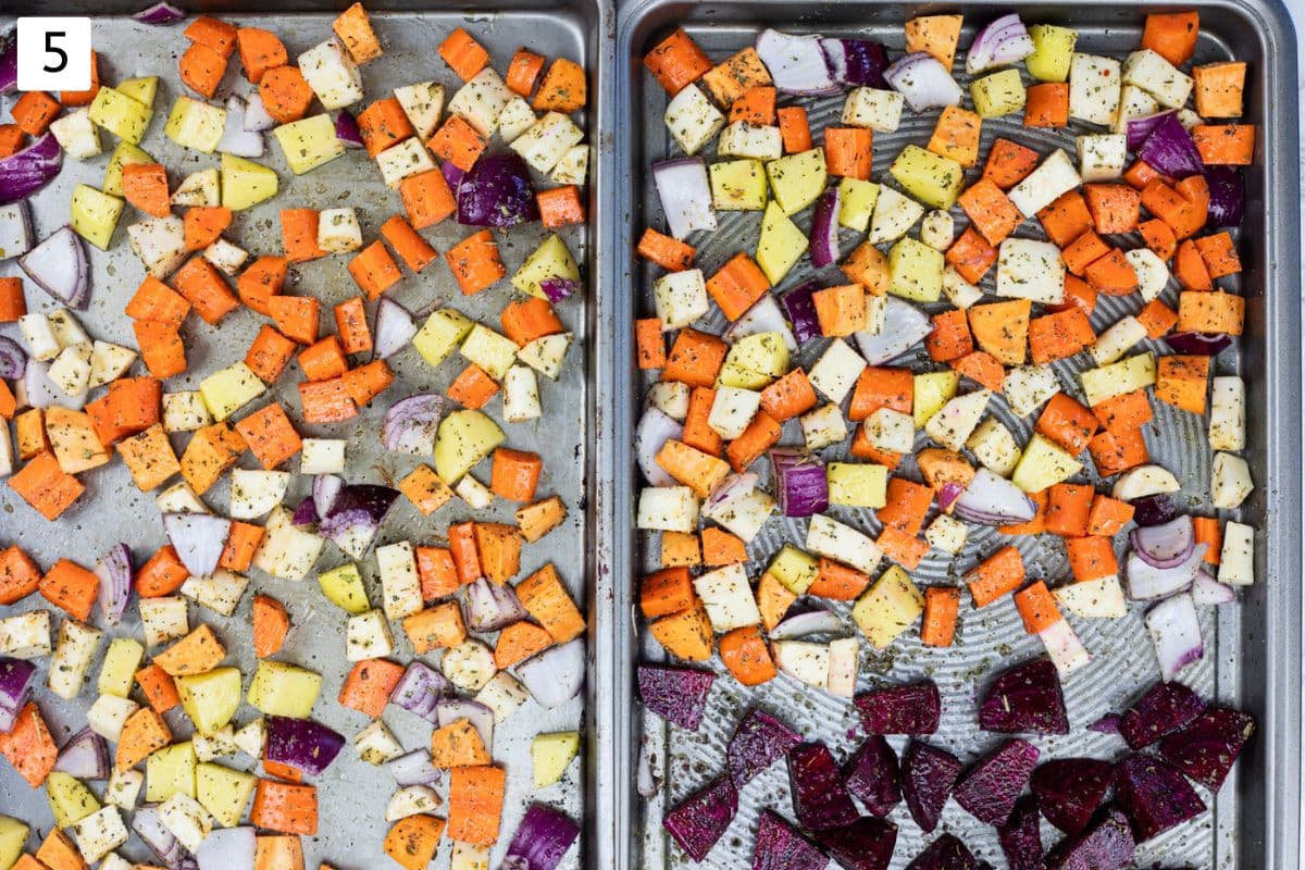 Two trays of seasoned root vegetables with beetroot on one side.