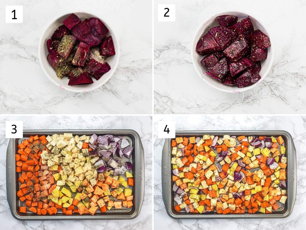 Collage of 4 images showing seasonings are added into beetroot and rest root vegetables and mixed.