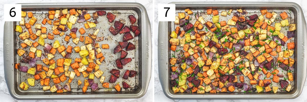 Collage of 2 images showing ready roasted vegetables and garnished with herbs.
