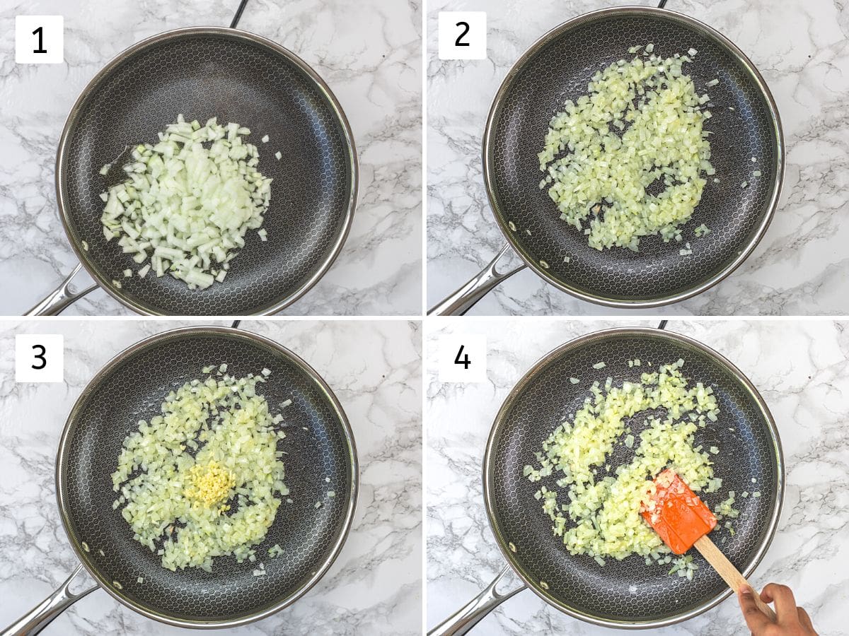Collage of 4 images showing sauteing onion and garlic.