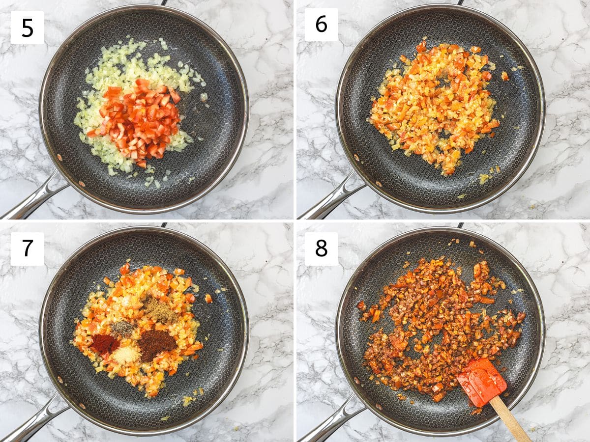 Collage of 4 images showing cooking tomatoes and mixing spices.