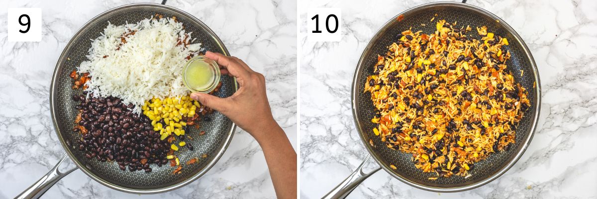 Collage of 2 images showing mixing black beans, rice, corn and lime juice.