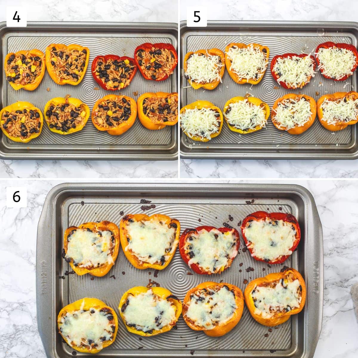 Collage of 3 images showing stuffing cooked peppers with stuffing, sprinkling cheese and baked.