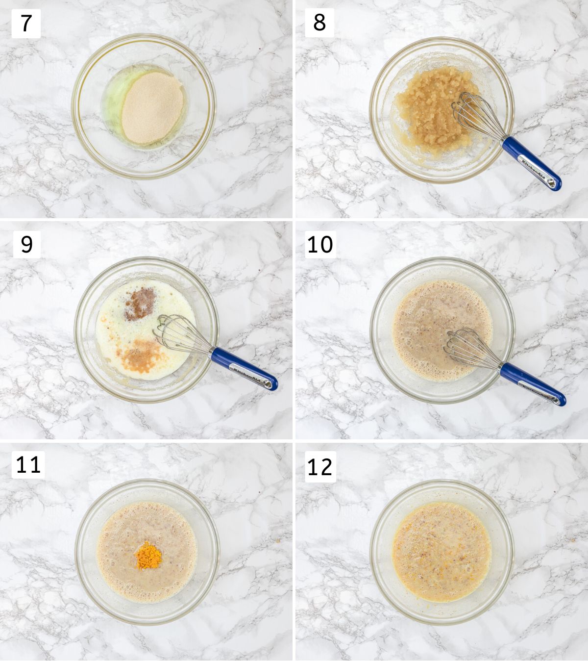 Collage of 6 images showing mixing wet ingredients.