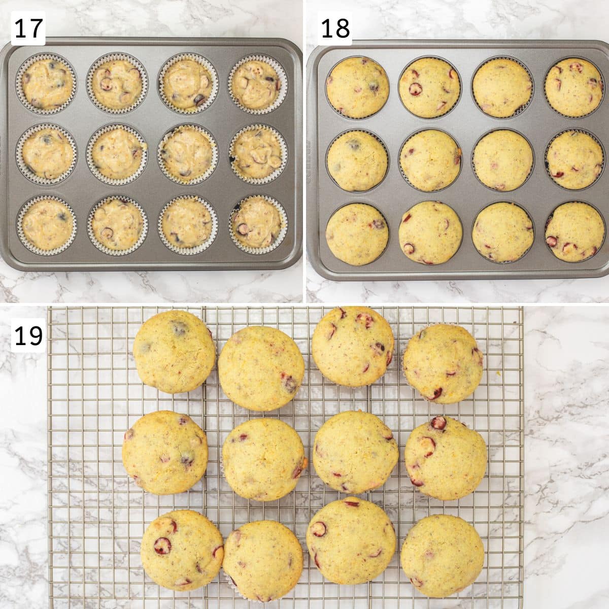 Collage of 3 images showing muffin batter in a muffin pan, baked muffins and cooling on a rack.