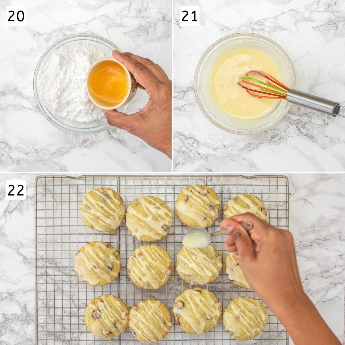 Collage of 3 images showing making a glaze, drizzling over the muffins.