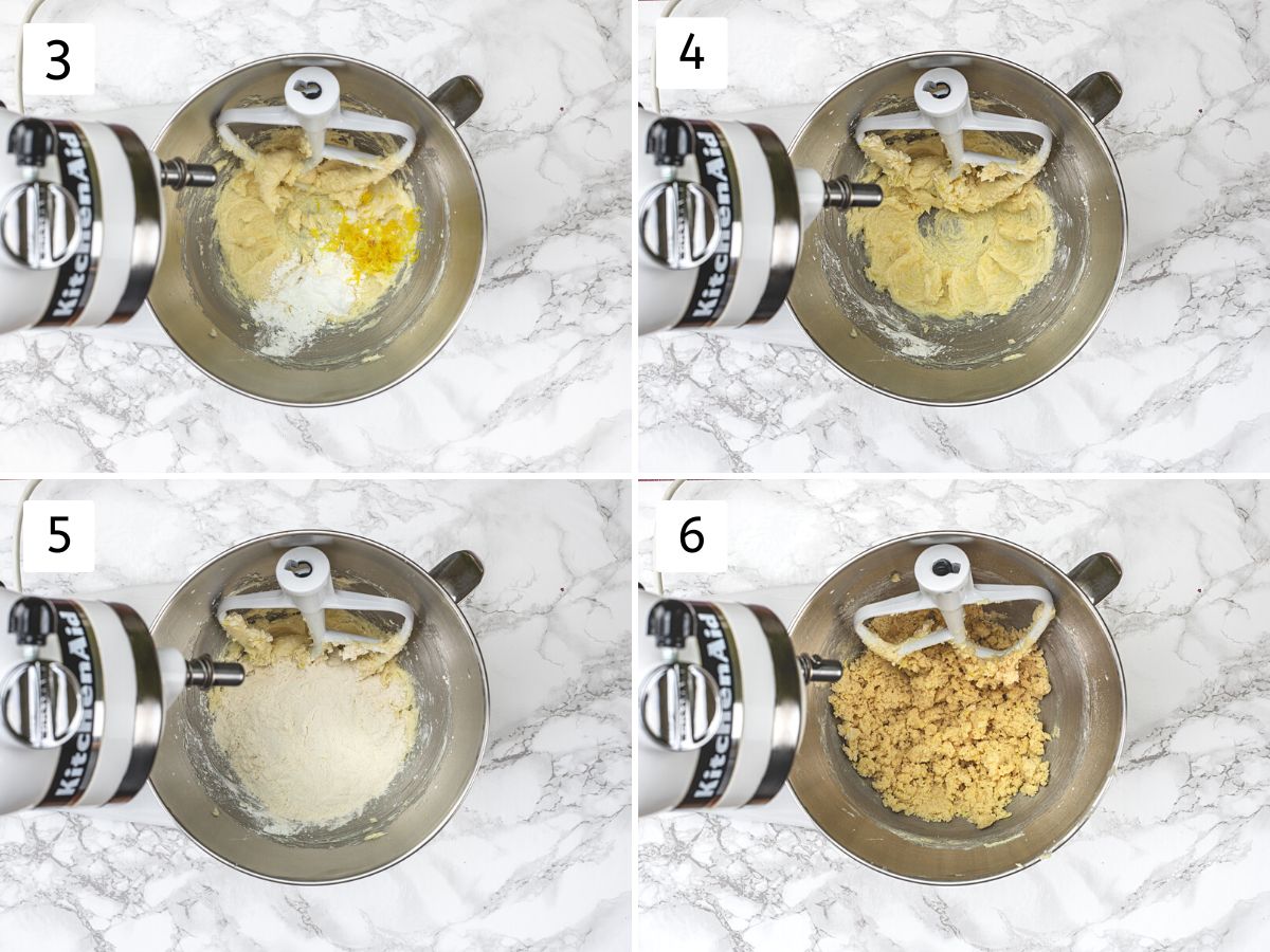 Collage of 4 images showing adding cornstarch, lemon zest and flour, beating together to make a dough.