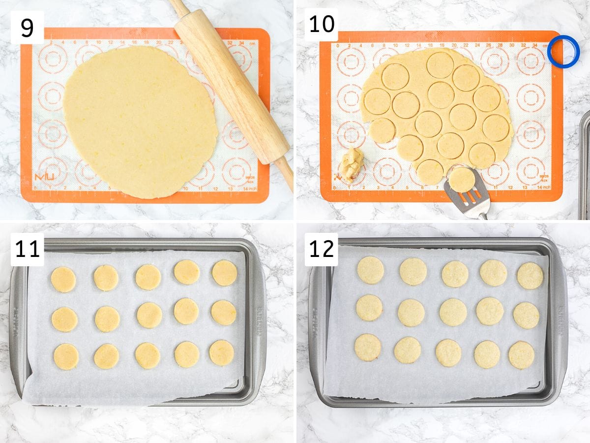 Collage of 4 images showing rolling cookie dough, cutting using a cookie cutter, transferred to a tray and baked cookies.