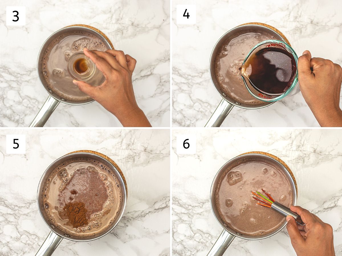 Collage of 4 images showing mixing vanilla, coffee and spices into hot milk and chocolate mixture.