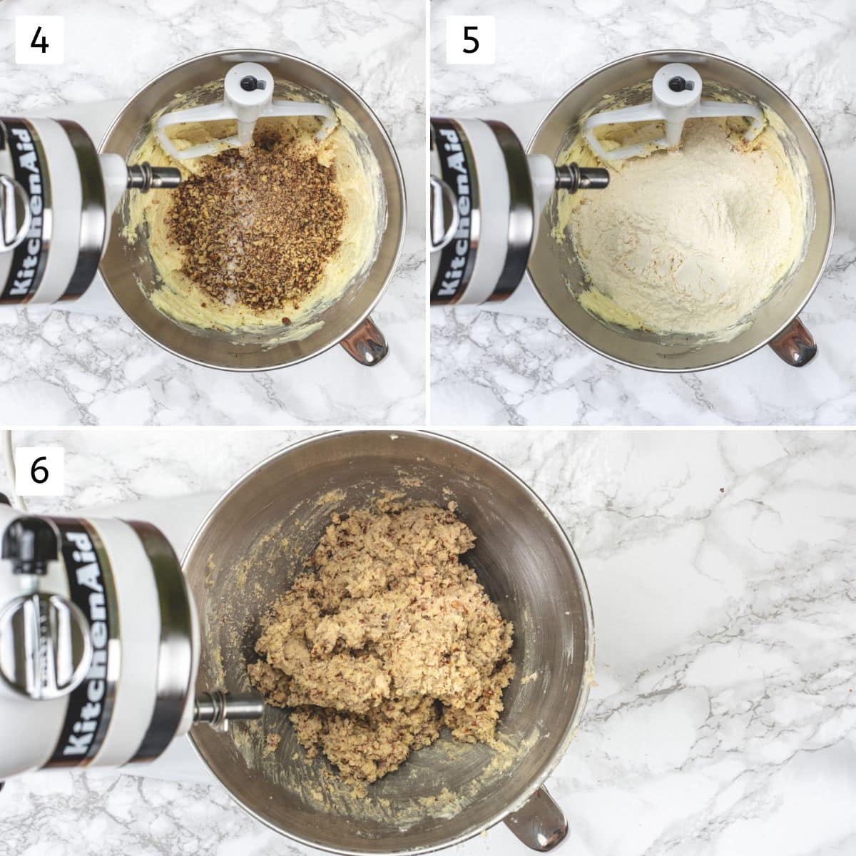 Collage of 3 images showing adding pecan and flour into butter-sugar mixture and making a dough.