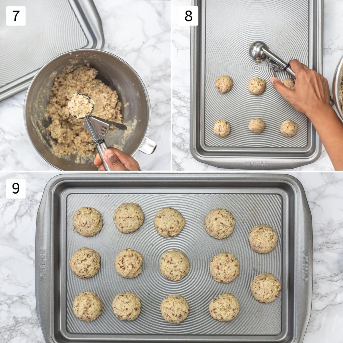 Collage of 3 images showing making cookie balls and baked cookies in a tray.