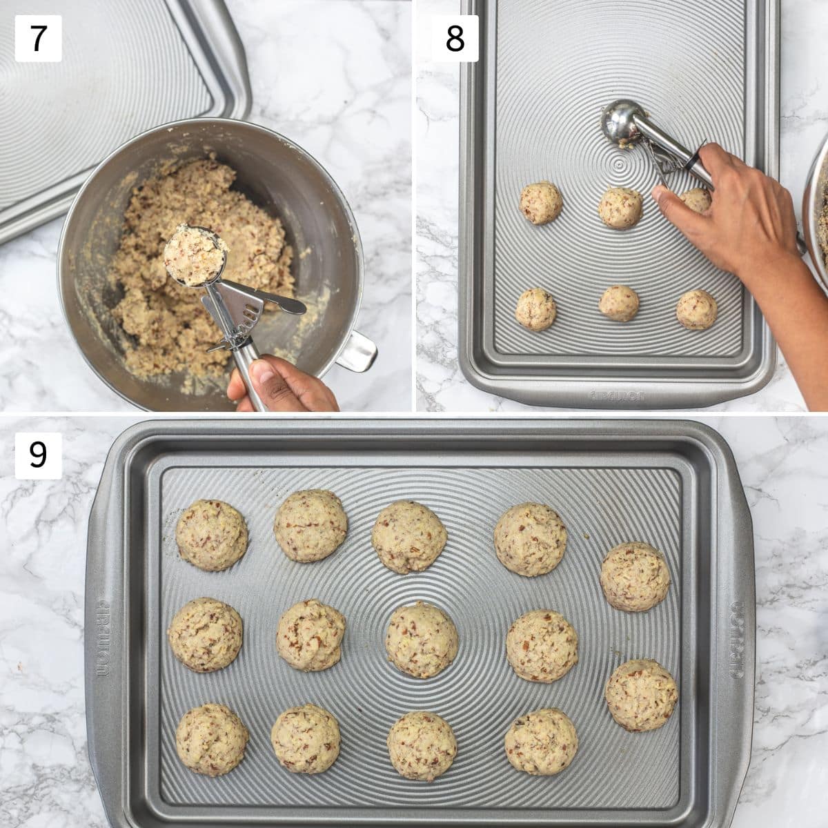 Collage of 3 images showing making cookie balls and baked cookies in a tray.