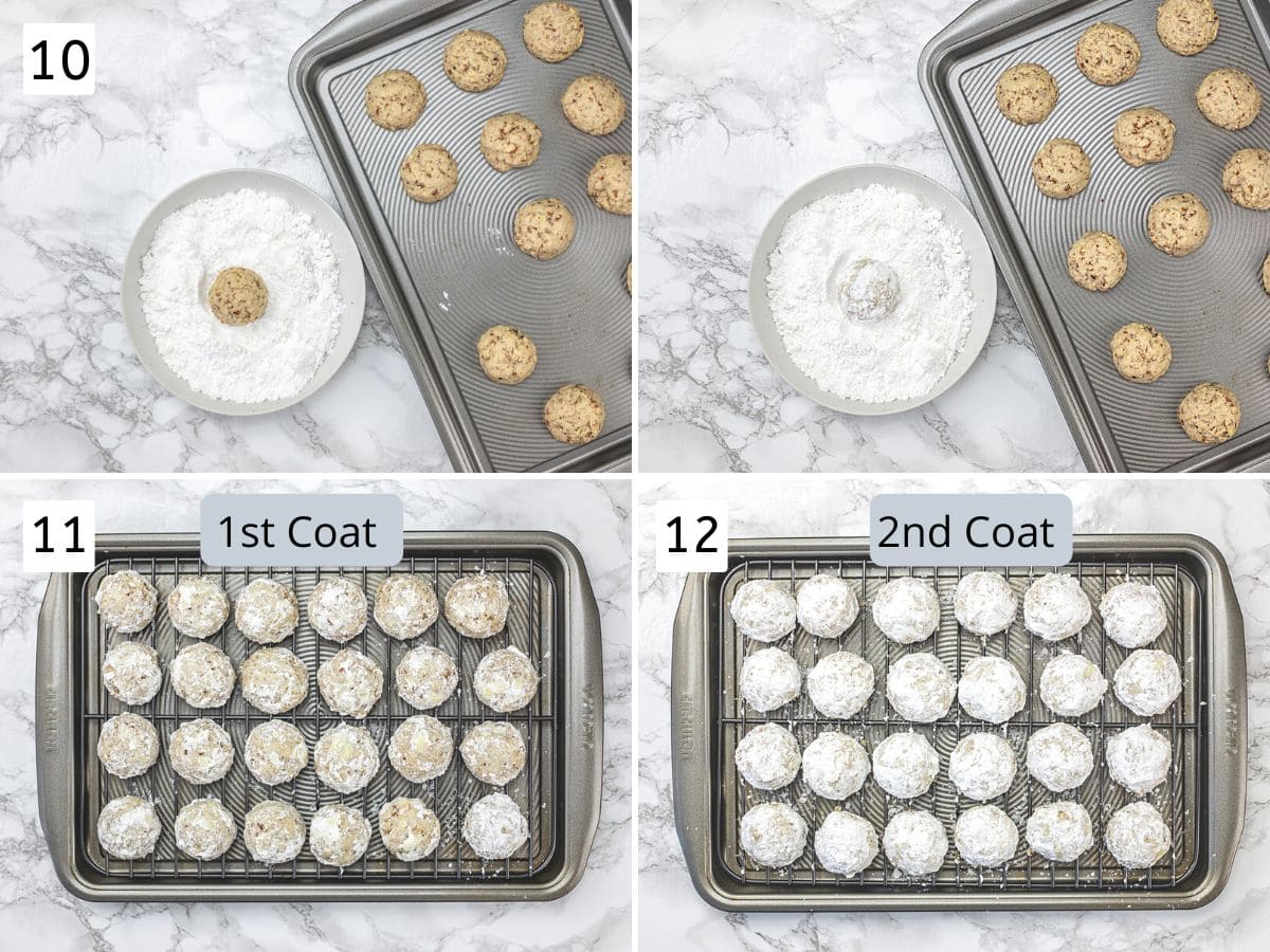 Collage of 4 images showing rolling cookies in powdered sugar with first and second coat images.