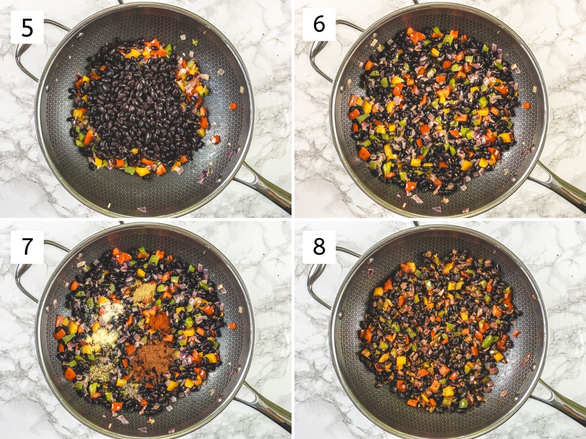 Collage of 4 images showing adding black beans and spices.