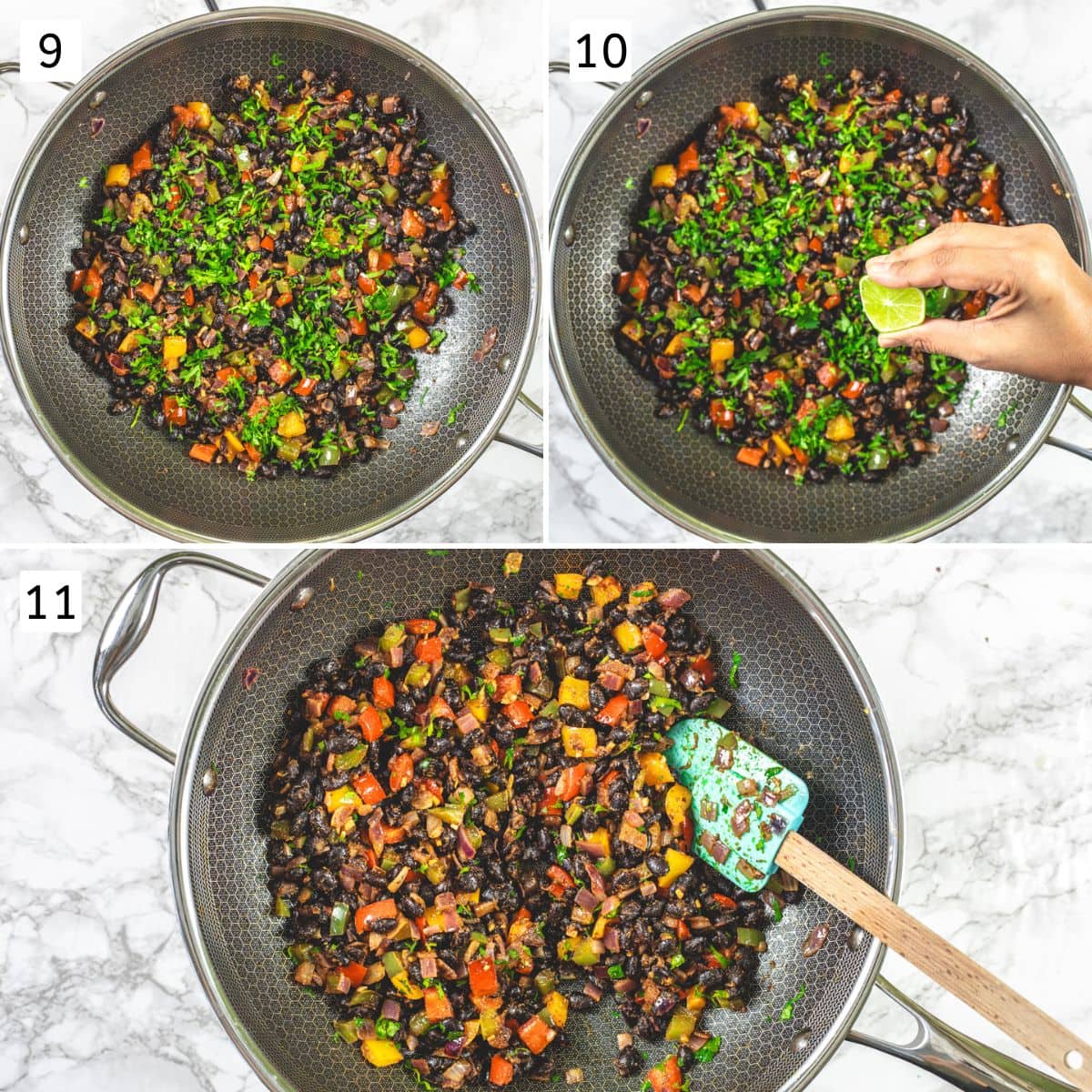 Collage of 3 images showing mixing cilantro and lime juice in black bean filling.