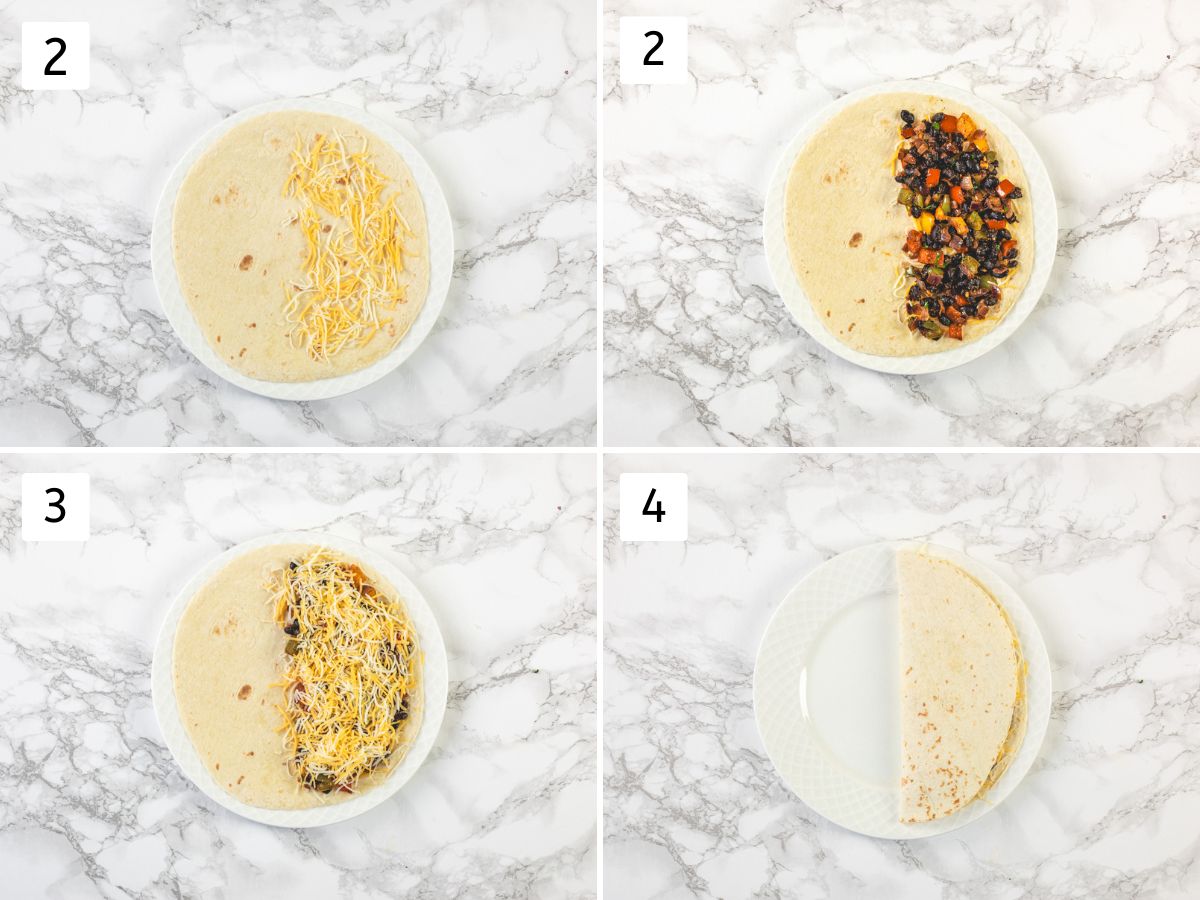 Collage of 4 images showing assembling quesadilla with black bean filling and cheese.