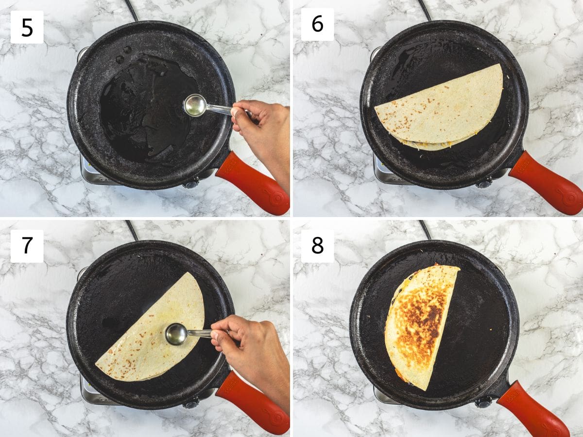 Collage of 4 images showing cooking black bean quesadilla on the pan.