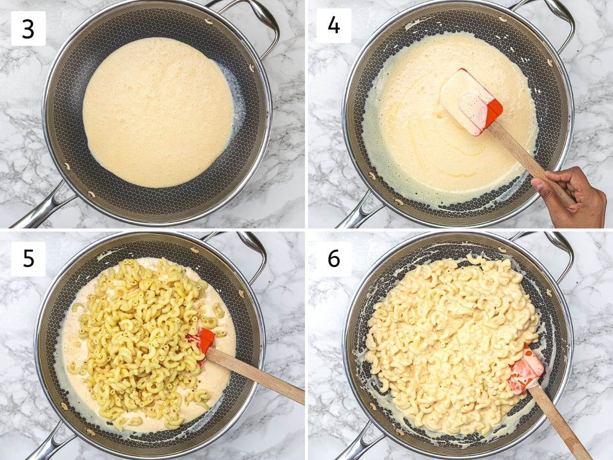 Collage of 4 images showing heating sauce and adding cooked macaroni.