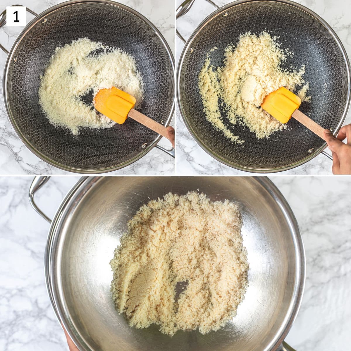 Collage of 3 images showing roasting dry coconut and removed to a bowl.