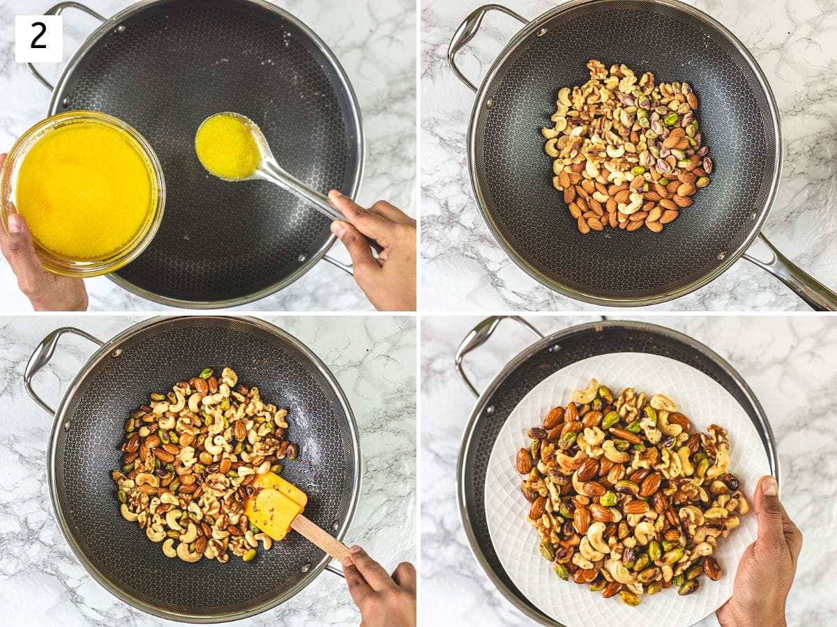 Collage of 4 images showing roasting nuts in ghee and removed to a plate.