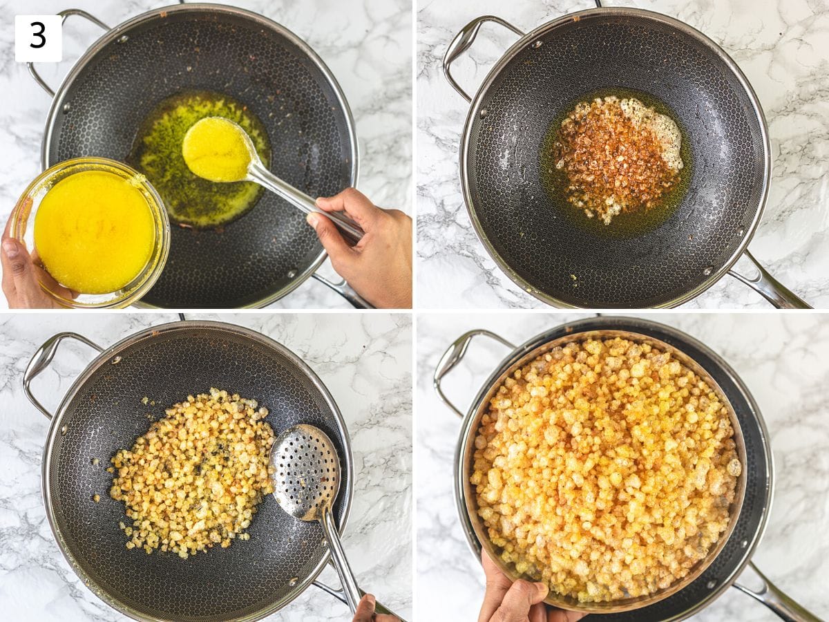 4 images showing frying gond in ghee and removed to a plate.