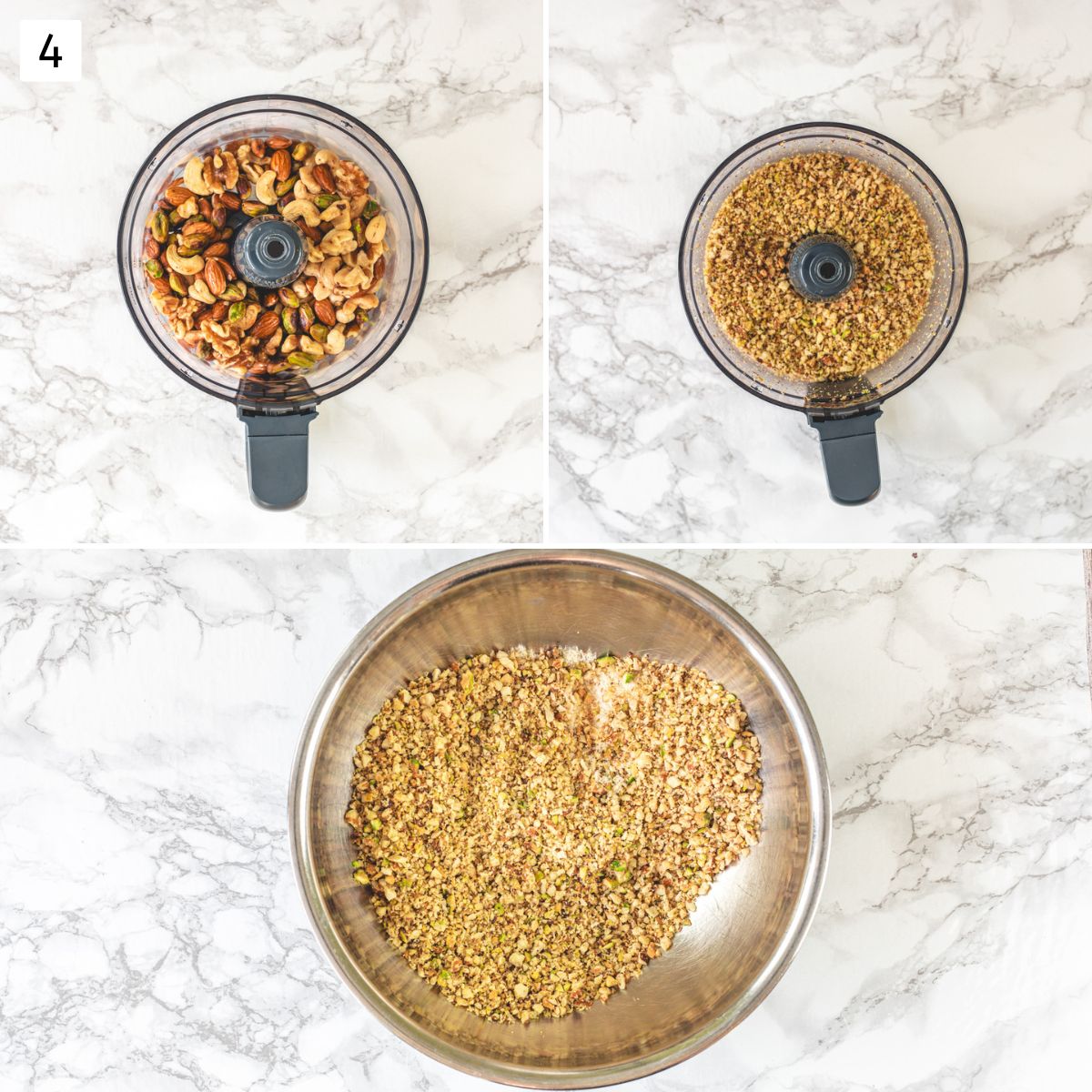Collage of 3 images showing coarsely ground nuts in food processor. and removed in the same bowl with coconut.
