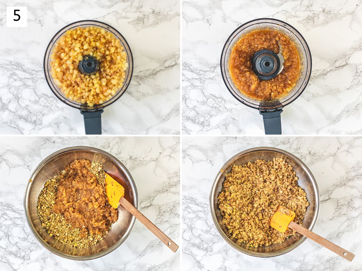 Collage of 4 images showing making coarse paste of fried gind and mixed with coconut-nuts mixture.