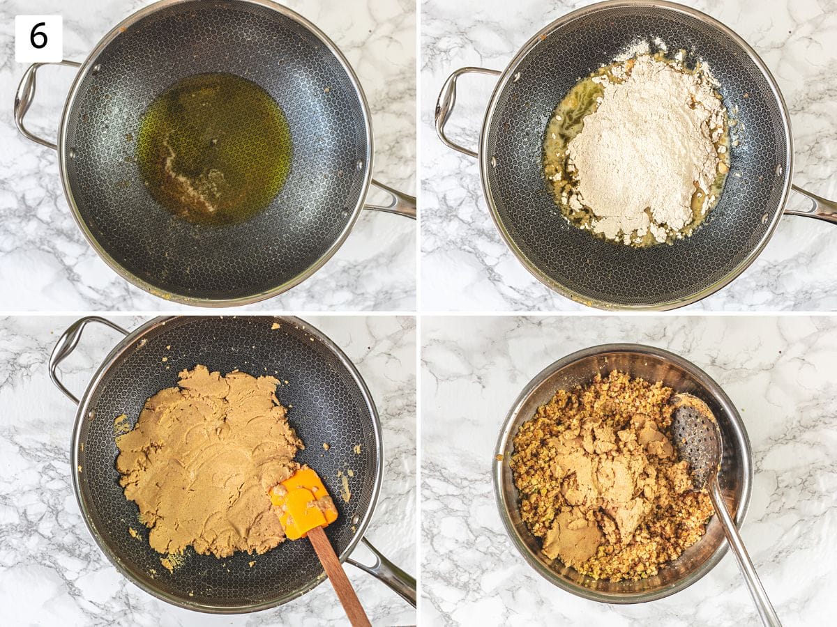 Collage of 4 images showing frying wheat flour in remaining ghee.