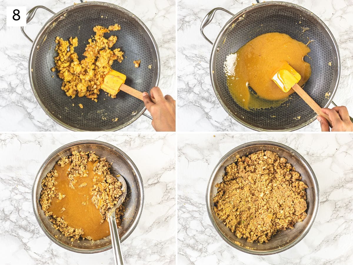 Collage of 4 images showing melting ghee and adding to ladoo mixture.