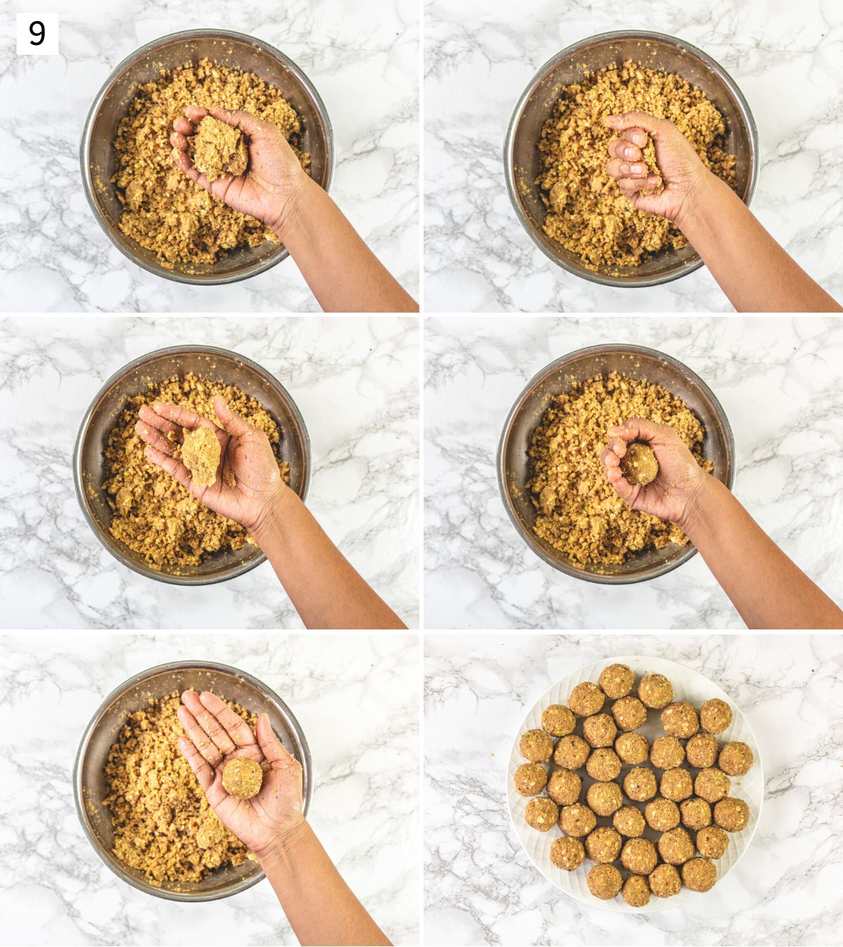 Collage of 6 images showing shaping ladoo.