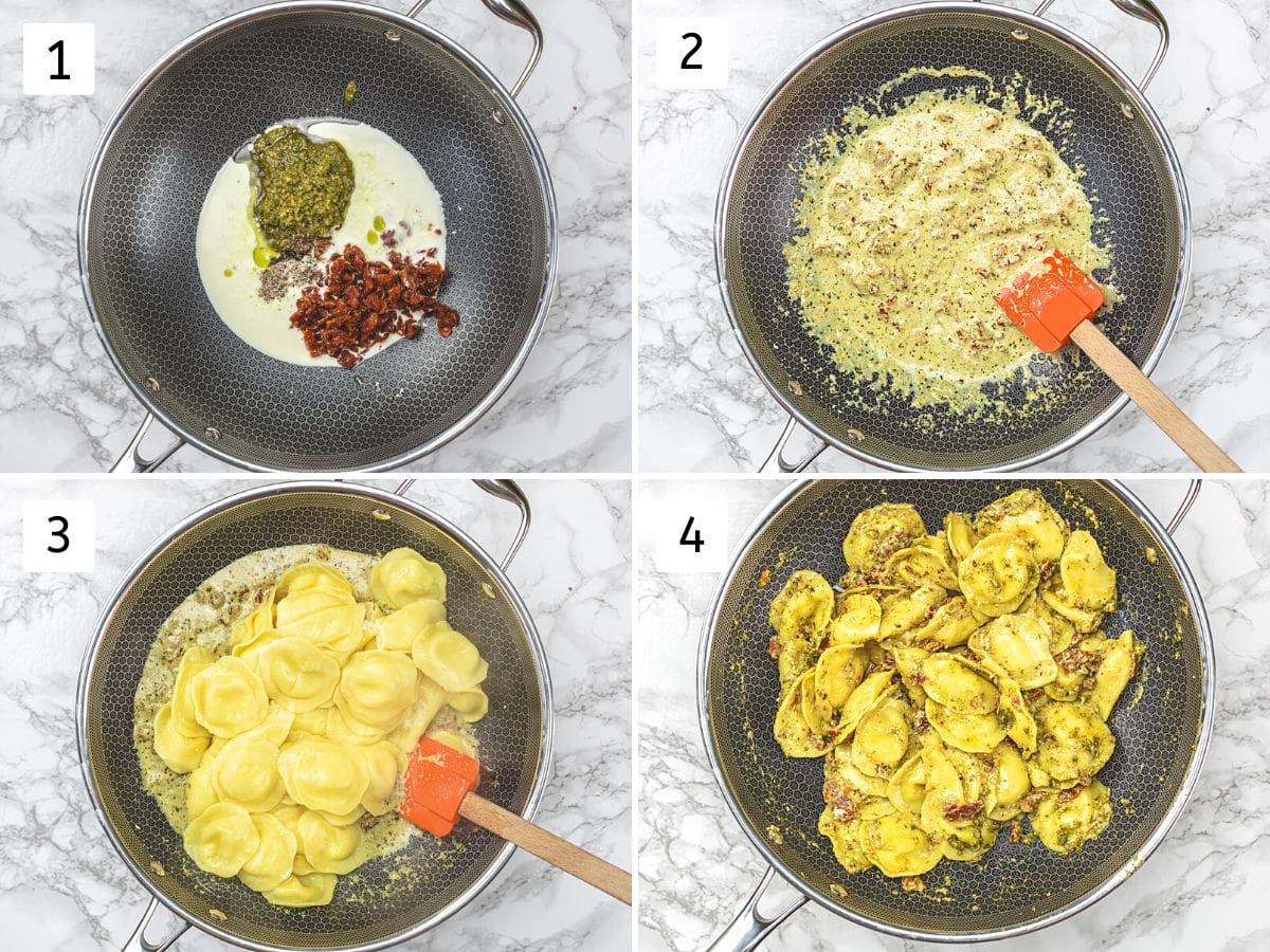 Collage of 4 images showing making pesto ravioli.