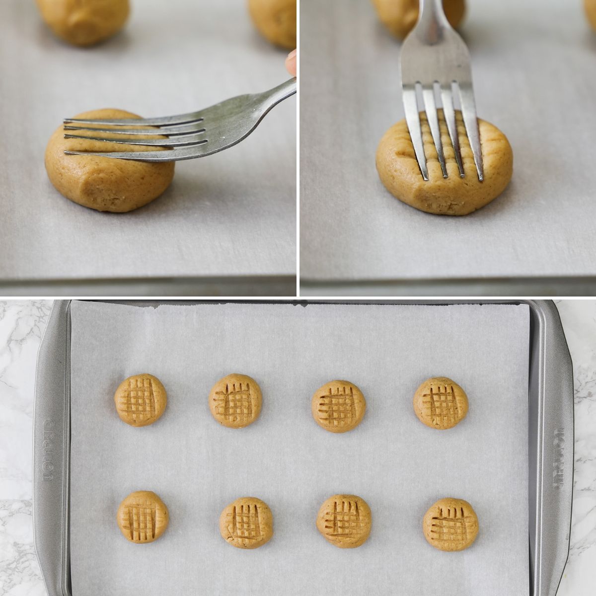 Making criss cross patter on cookie dough ball using a fork.
