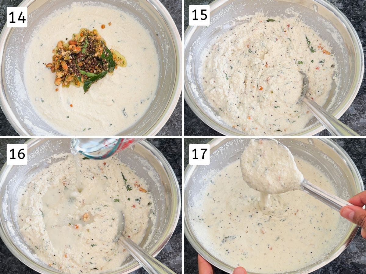 Collgage of 4 images showing adding and mixing tempering, adding water to make right batter consistency.