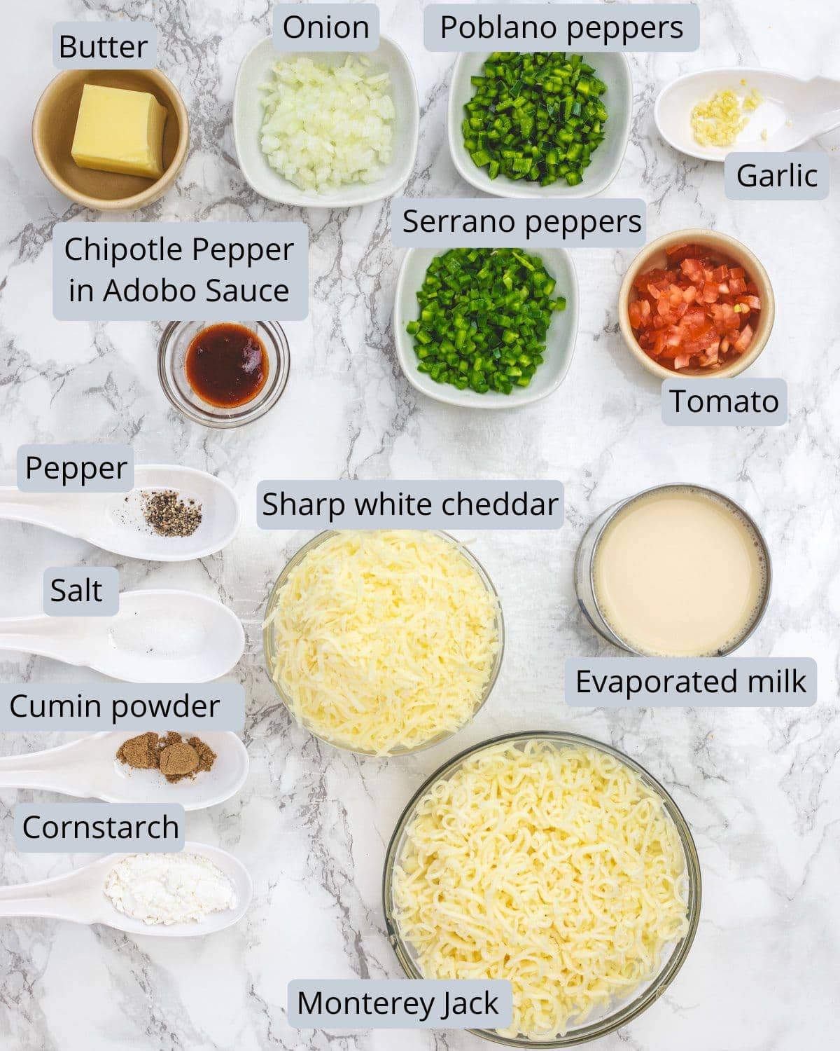 Chipotle queso blanco ingredients in bowls and spoons with labels.