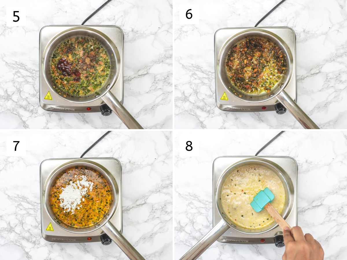 Collage of 4 images showing adding evaporated milk, cornstarch and spices.