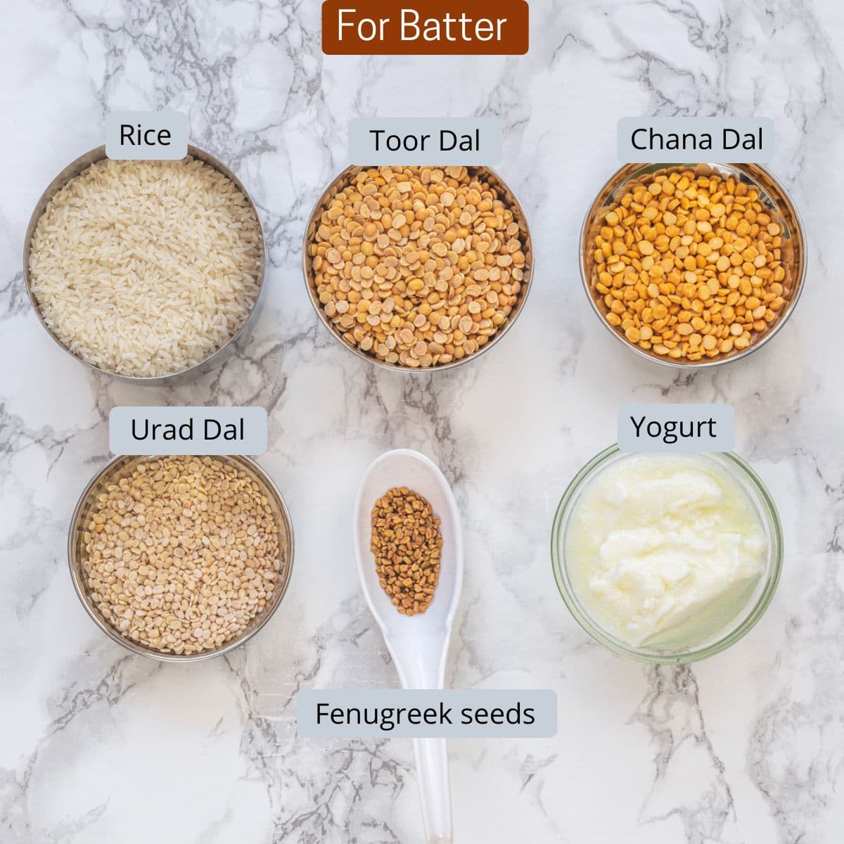 Handvo batter ingredients in bowls and spoons with labels.