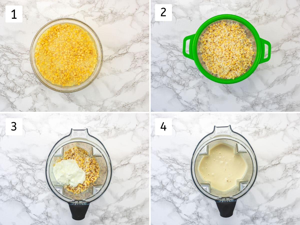 Collage of 4 images showing soaking rice, lentils, grinding into batter with yogurt.