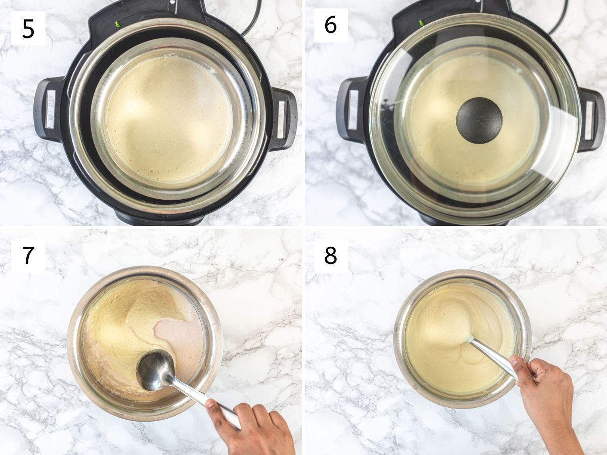 Collage of 4 images showing fermenting yogurt in instant pot.