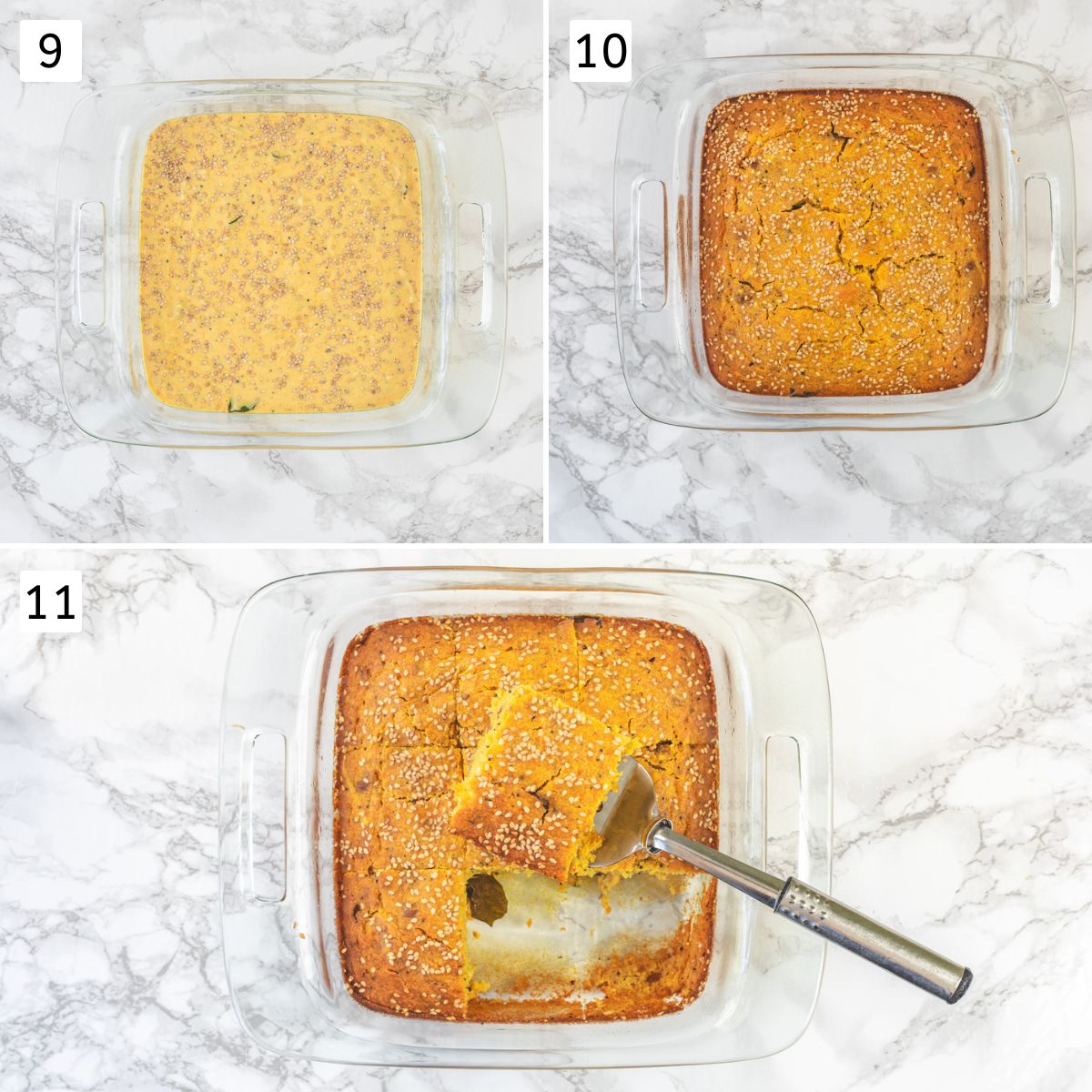 Collage of 3 images showing handvo batter into the pan and baked handvo, cut into pieces.