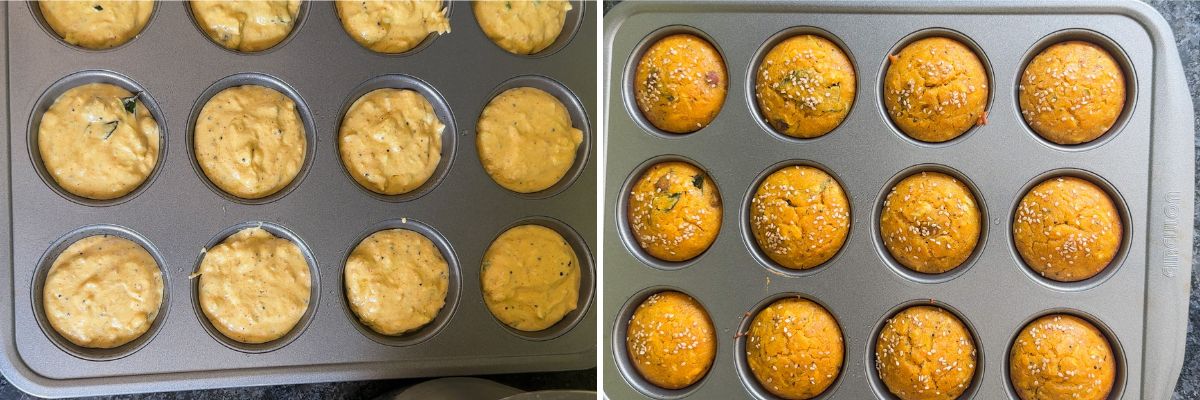 Collage of 2 images showing handvo batter into muffin pan and baked.