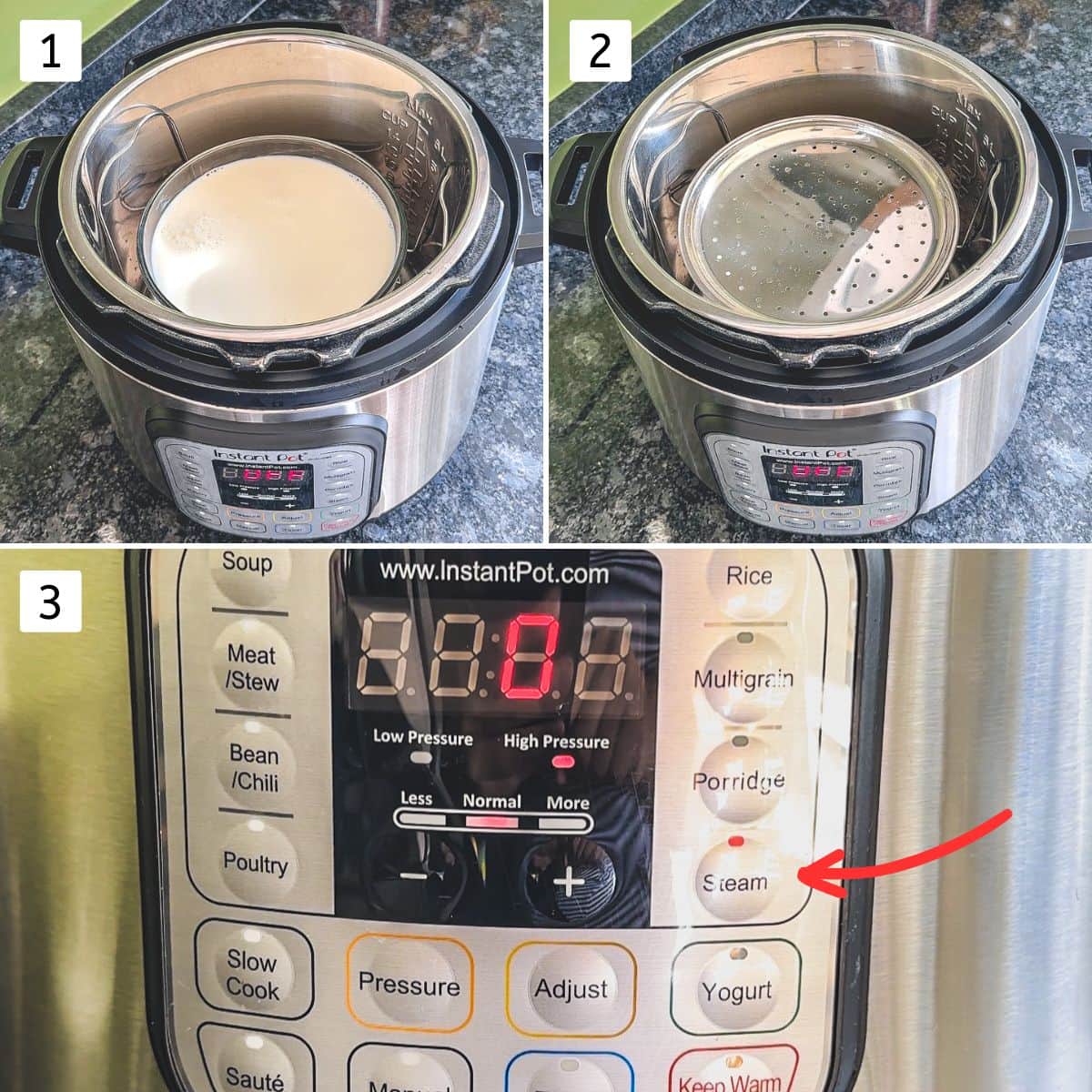 Collage of 3 images showing milk bowl in instant pot, covered with lid and steam setting is on.