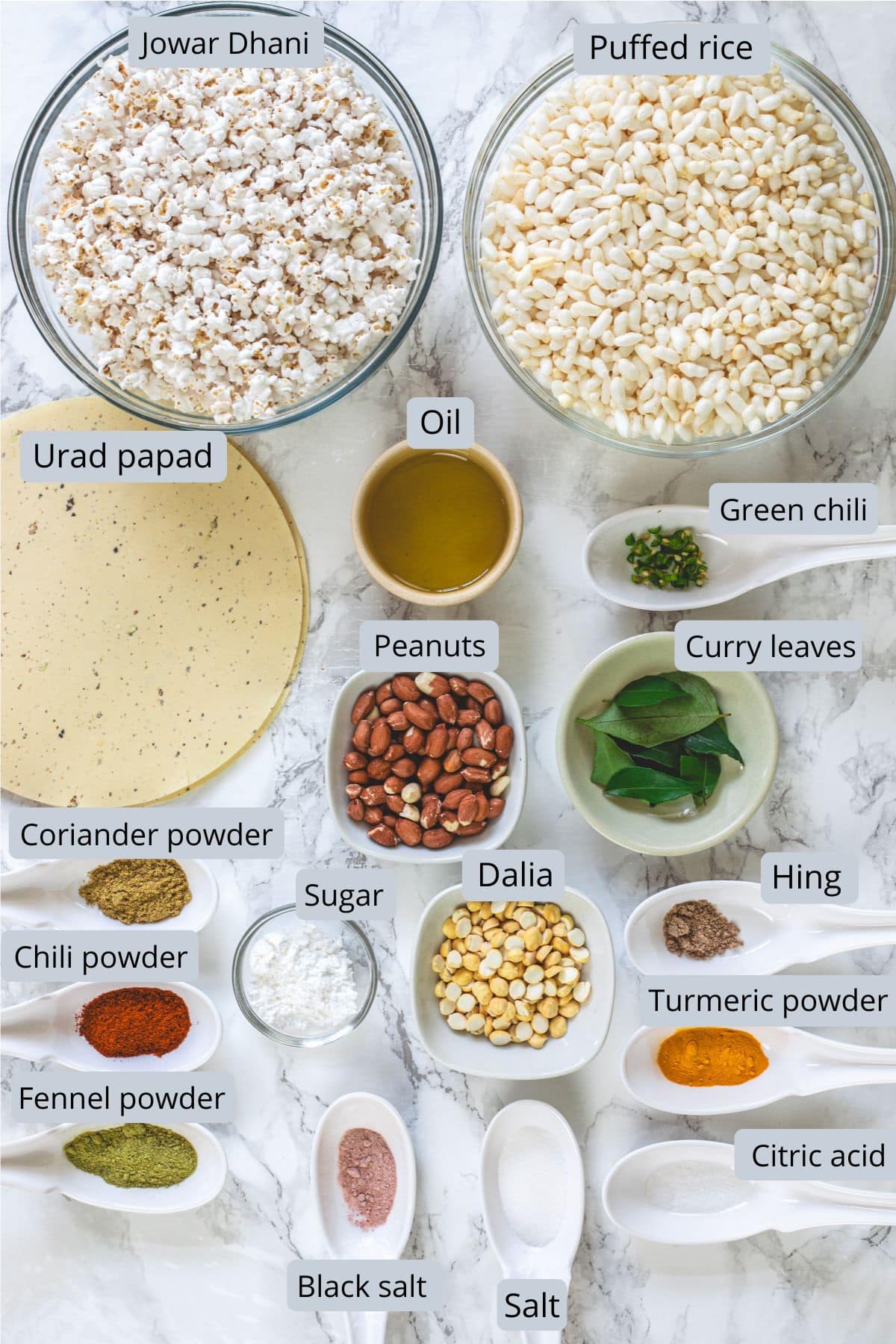 Jowar dhani chivda ingredients in bowls and spoons with labels.